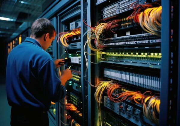 professionalcabling Network technician installing structured cabling for high-speed data and internet connectivity
