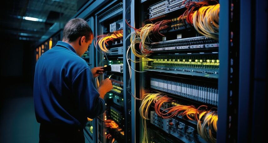 Network technician installing structured cabling for high-speed data and internet connectivity